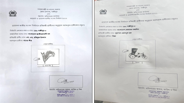 গাজীপুর ৩ আসনে বিএনপি ও খেলাফত মজলিস প্রার্থীদের প্রতীক বরাদ্দ