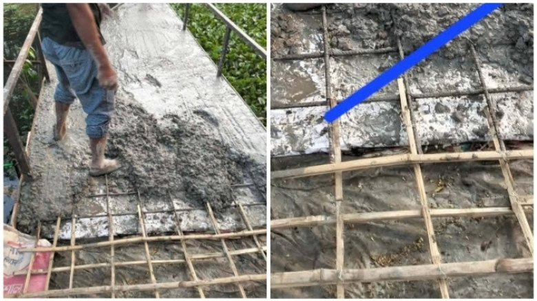 রডের বদলে বাঁশের কঞ্চি দিয়ে ব্রিজ ঢালাই