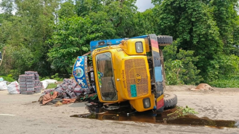 গরু বাঁচাতে গিয়ে ট্রাক উল্টে গরুর মৃত্যু, আহত ২